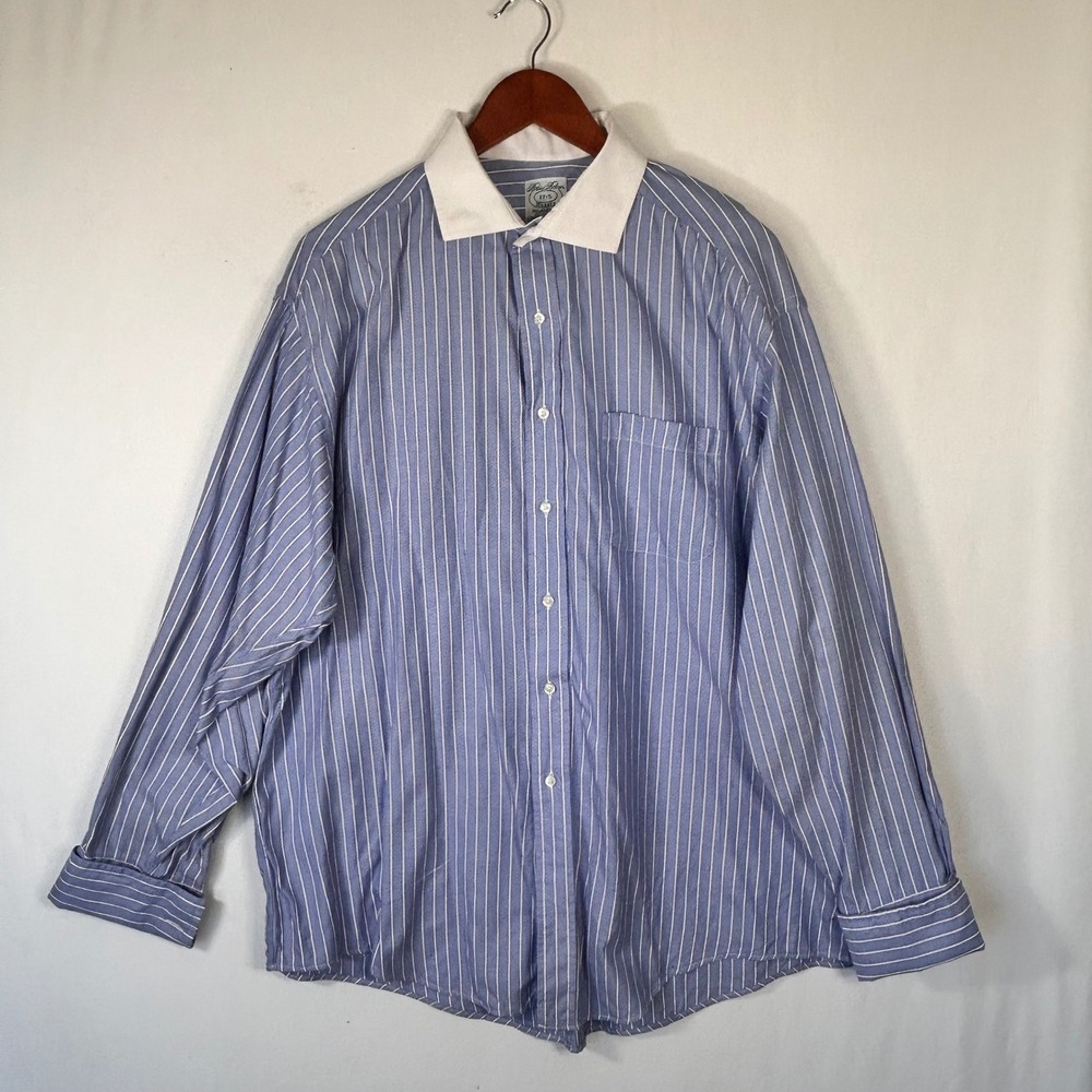 Brooks Brothers Makers Dress Shirt Mens 17-5 Blue White Stripe French Cuff USA